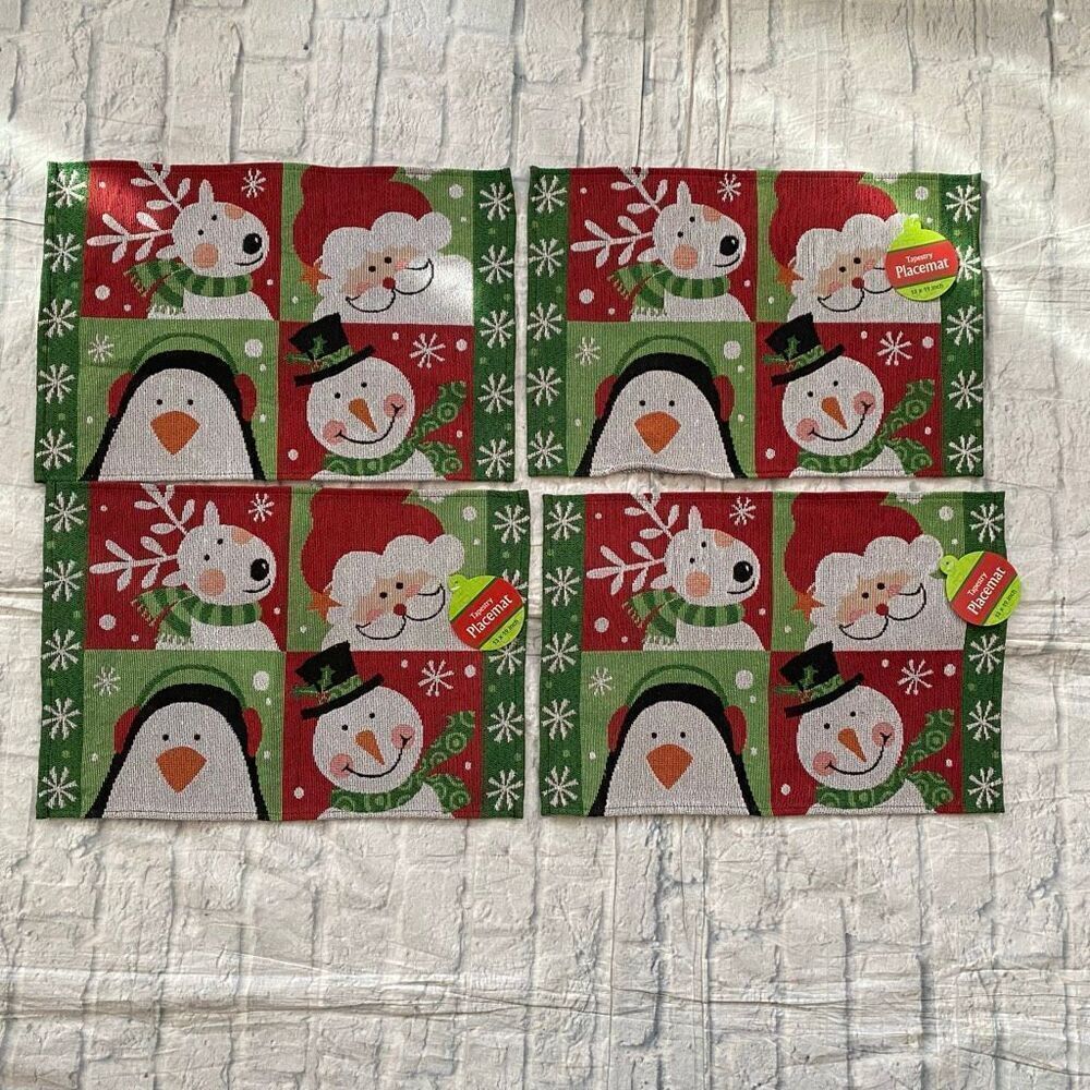 Christmas tapestry placemat 4 pack 13”x19” reindeer,pengiun,santa & snowman